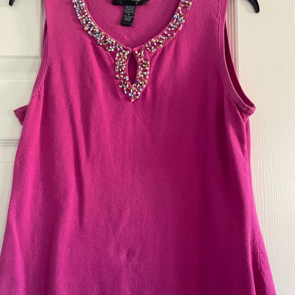 Cable & Gauge Fuchsia Sleeveless Tank with Beaded Neckline